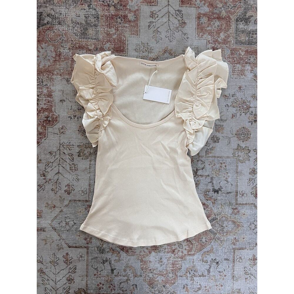 Ulla Johnson Koa Top in Cream Ribbed Knit Ruffle Cap Sleeve Size P Petite - Picture 3 of 10